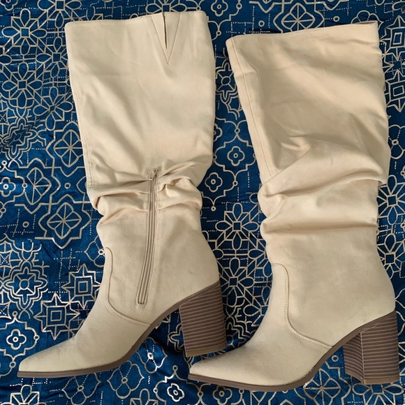 Womens Pointed Toe Mid Chunky Heel Side Zipper Knee High Boots Tall Booties - Picture 2 of 9